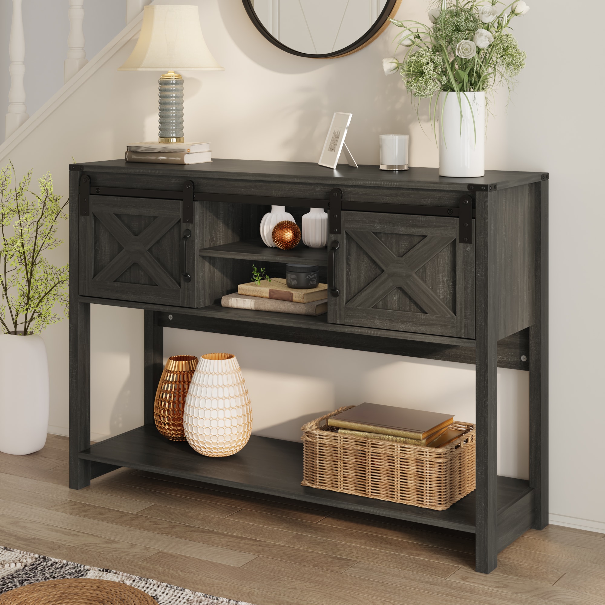Farmhouse Entryway Table With Drawers, 46" Console Table With Sliding Barn Door, Wood Rustic Sofa Table With Adjustable Shelf For Living Room, Foyer, Hallway, Dark Gray_voghion.com